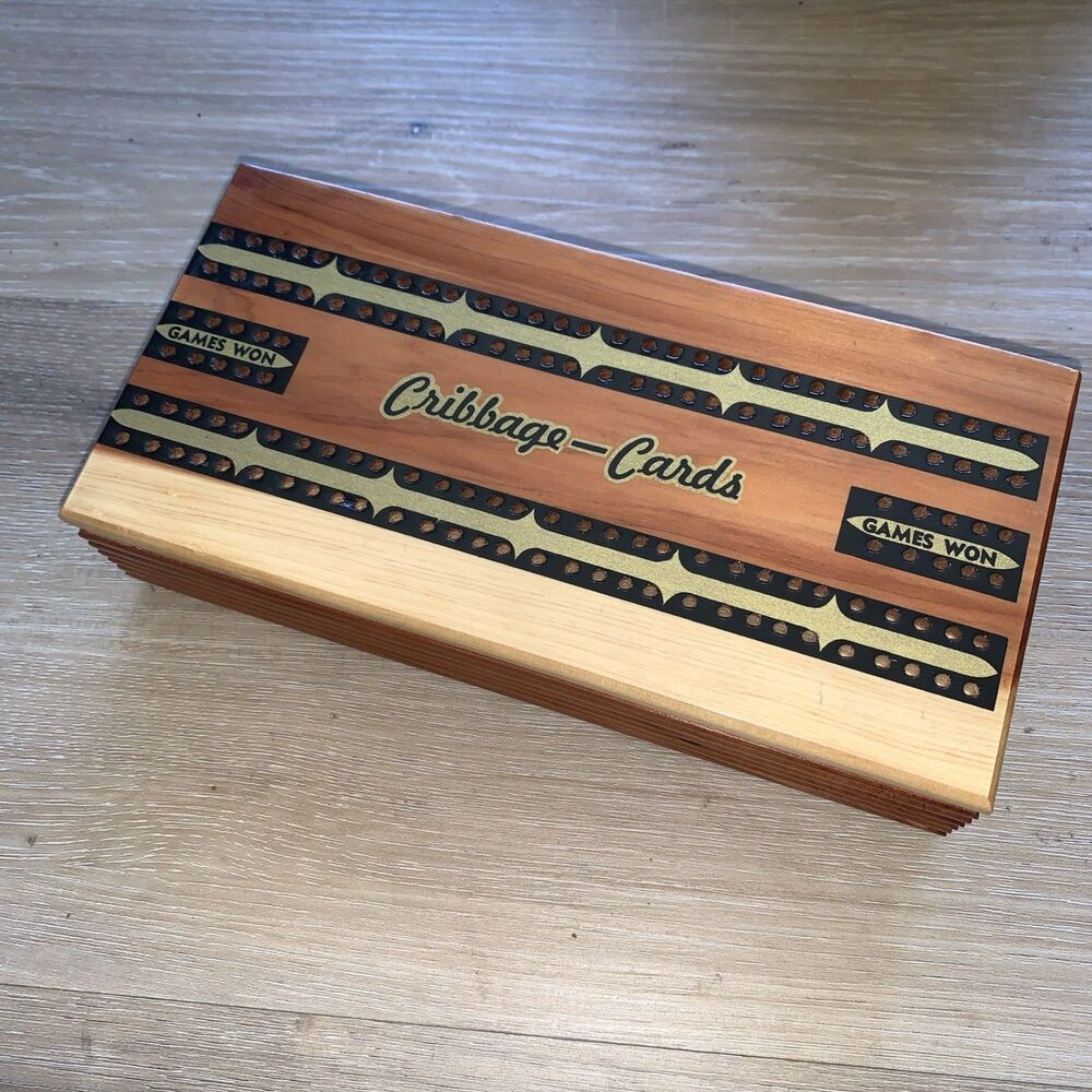 Cedar Wood Cribbage Board Complete Set Folding Case Pegs Cards Rules Hand carved